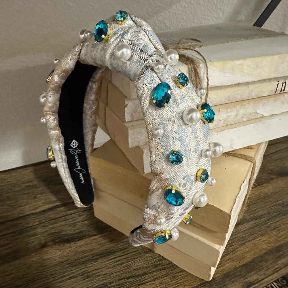 Brianna Cannon Elegant Pearl and Blue Gem Headband